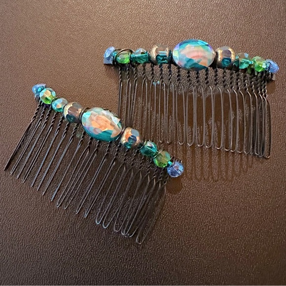 Handmade Beaded Bohemian Hair Comb Teal, Green & Blue Crystal & Glass Jet Black - Picture 5 of 7